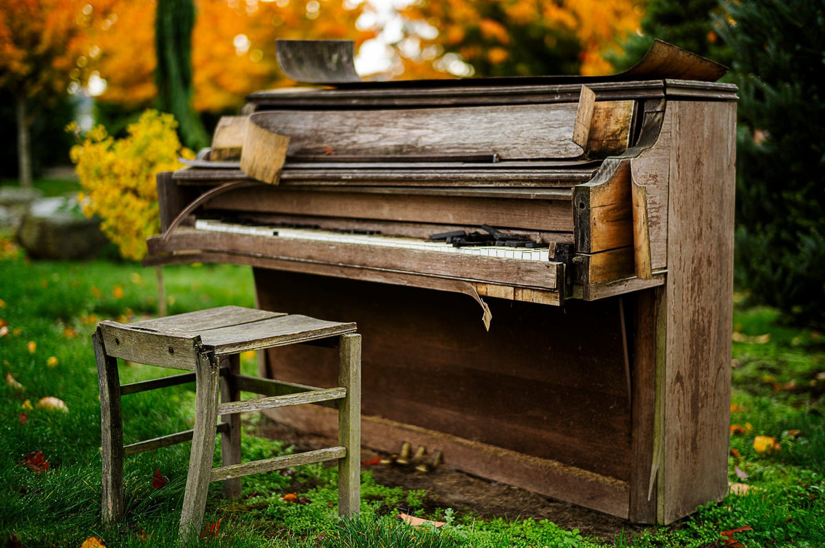 00_33 by Nick Patterson. A weathered upright piano and chair in an autumn garden.
