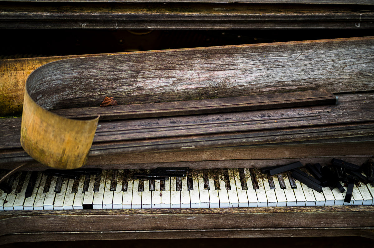 00_34 by Nick Patterson. A close view of weathered wood and piano keys.