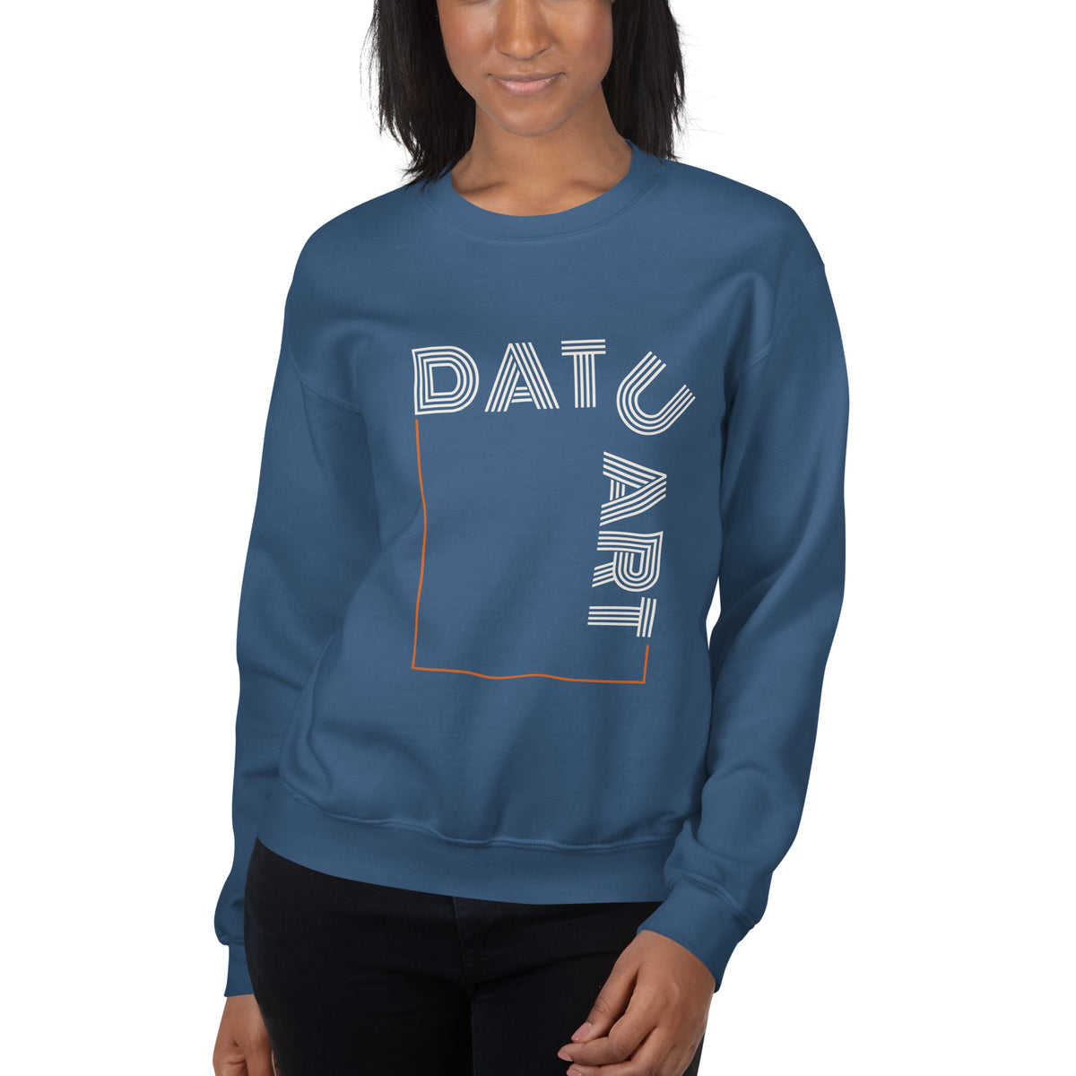 DATU Art Frame Sweatshirt — Indigo Blue worn by a model, front view #color_indigo blue