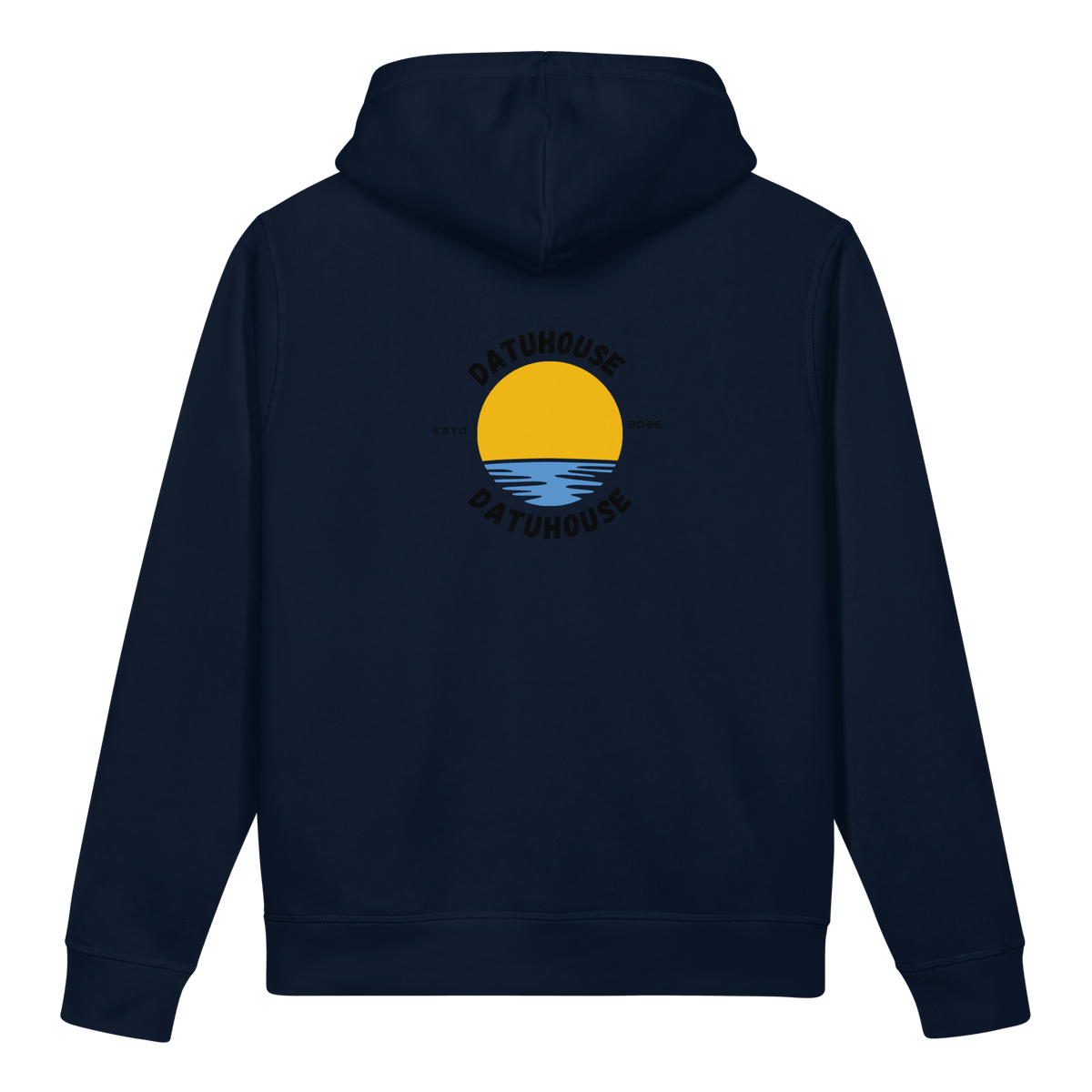 DATU Sunrise Organic Hoodie — French Navy, back view #color_french navy