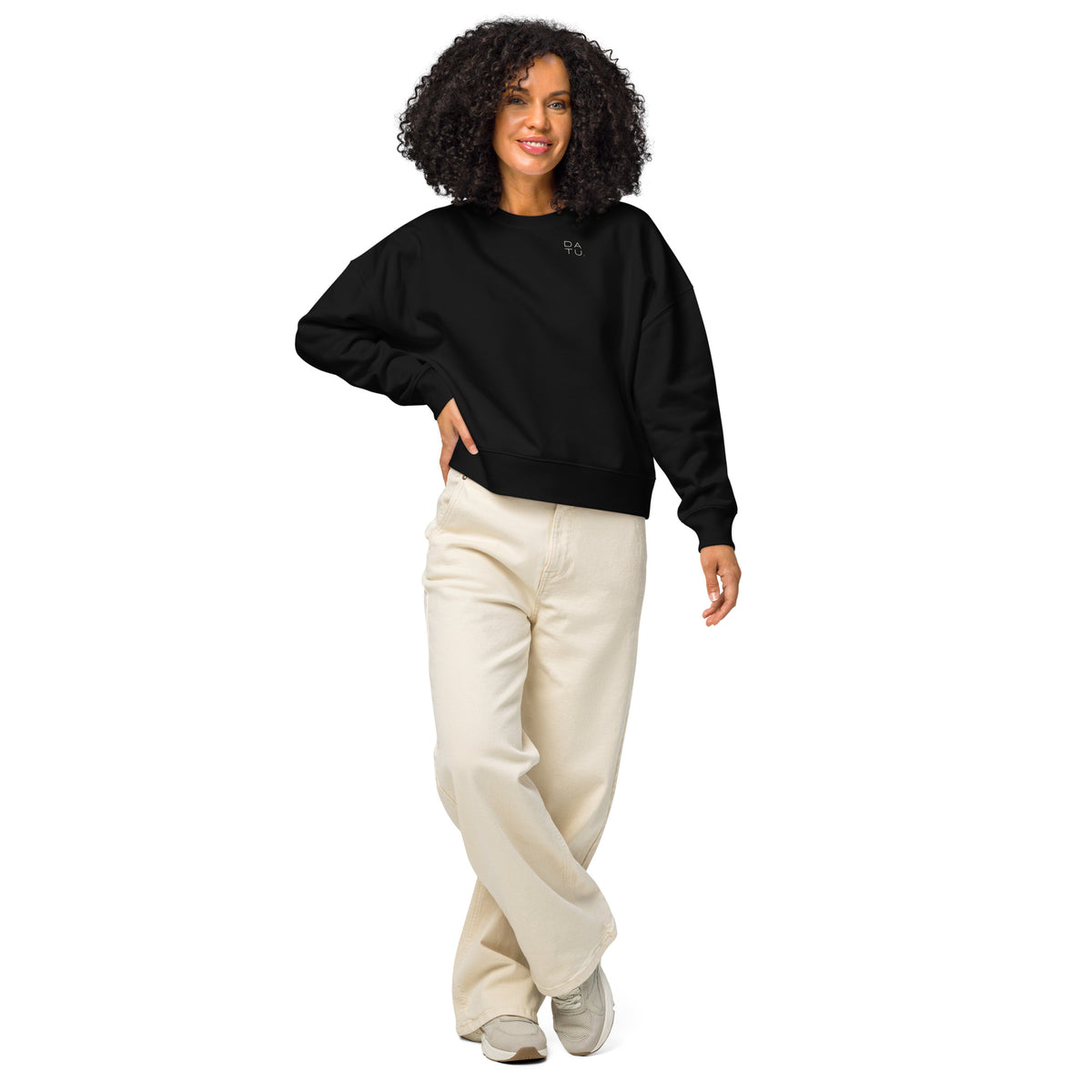DATU Women’s Palm House Organic Crewneck — Black worn by a model, front view #color_black