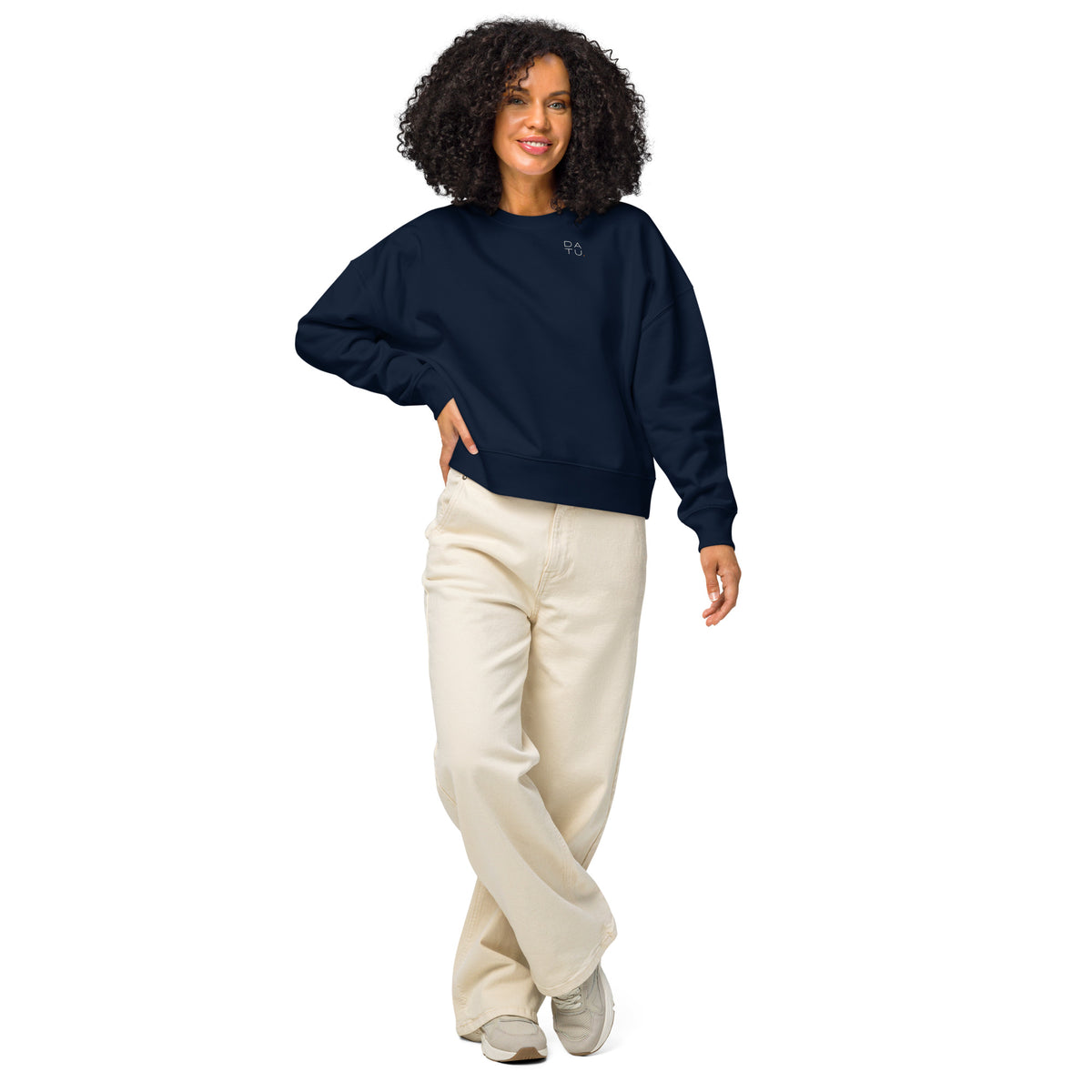 DATU Women’s Palm House Organic Crewneck — French Navy worn by a model, front view #color_french navy