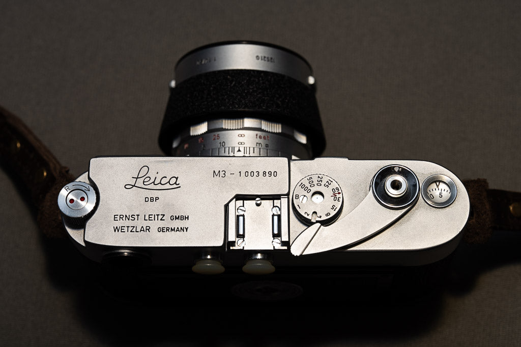 Overhead view of the Leica M3 controls and film advance lever.