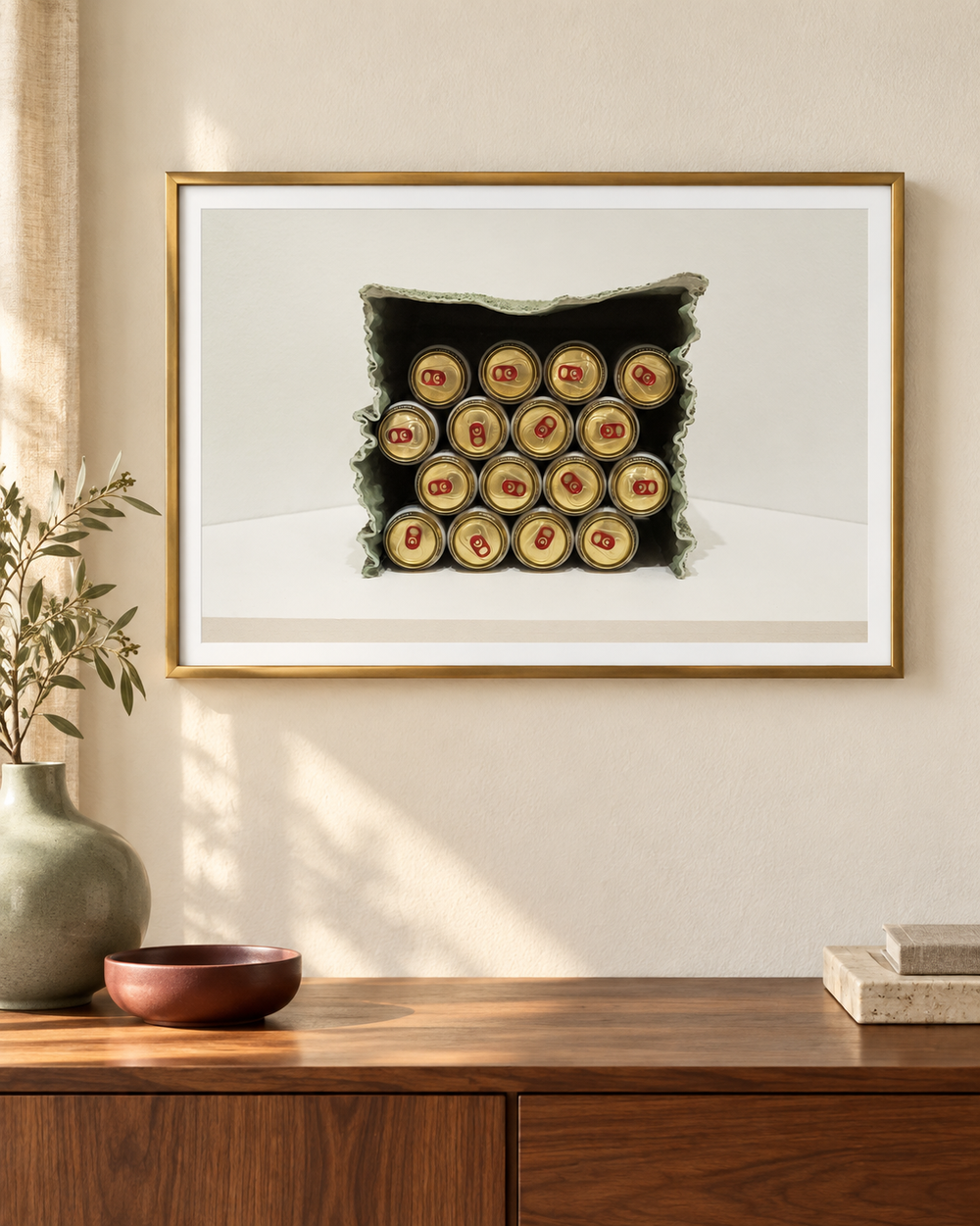 Styled room preview of DATU 00_19 in a gold frame with a white mat, above a walnut cabinet in natural light.
