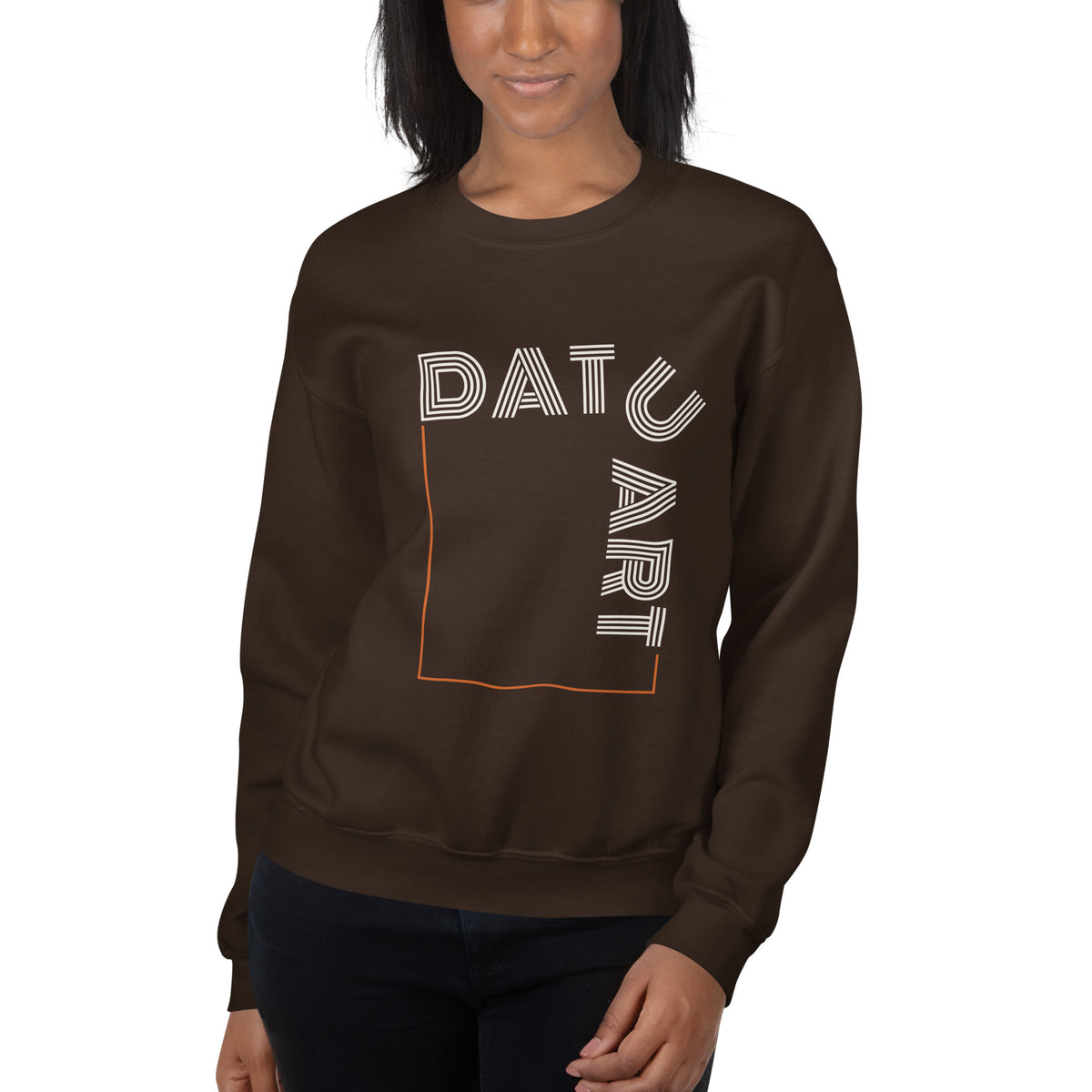 DATU Art Frame Sweatshirt — Dark Chocolate worn by a model, front view #color_dark chocolate