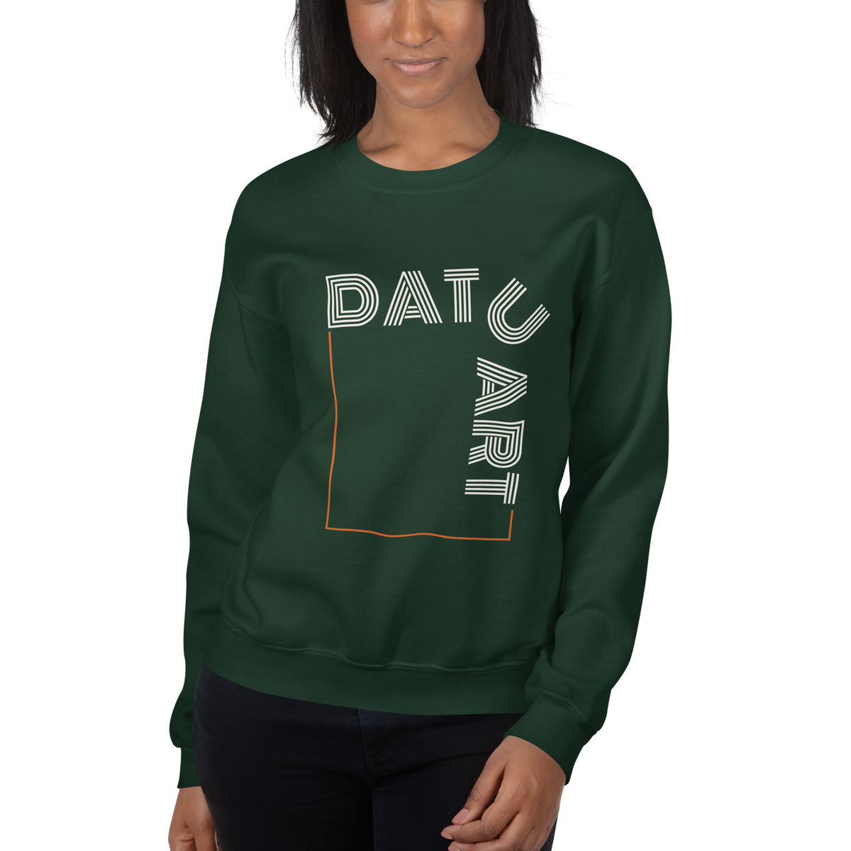 DATU Art Frame Sweatshirt — Forest Green worn by a model, front view #color_forest green
