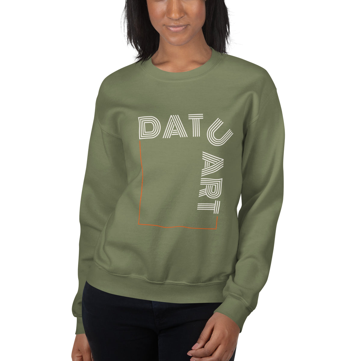 DATU Art Frame Sweatshirt — Military Green worn by a model, front view #color_military green