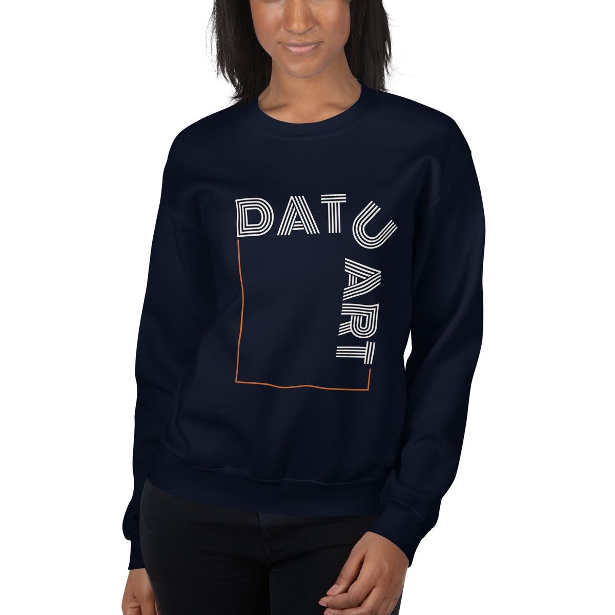 DATU Art Frame Sweatshirt — Navy worn by a model, front view #color_navy