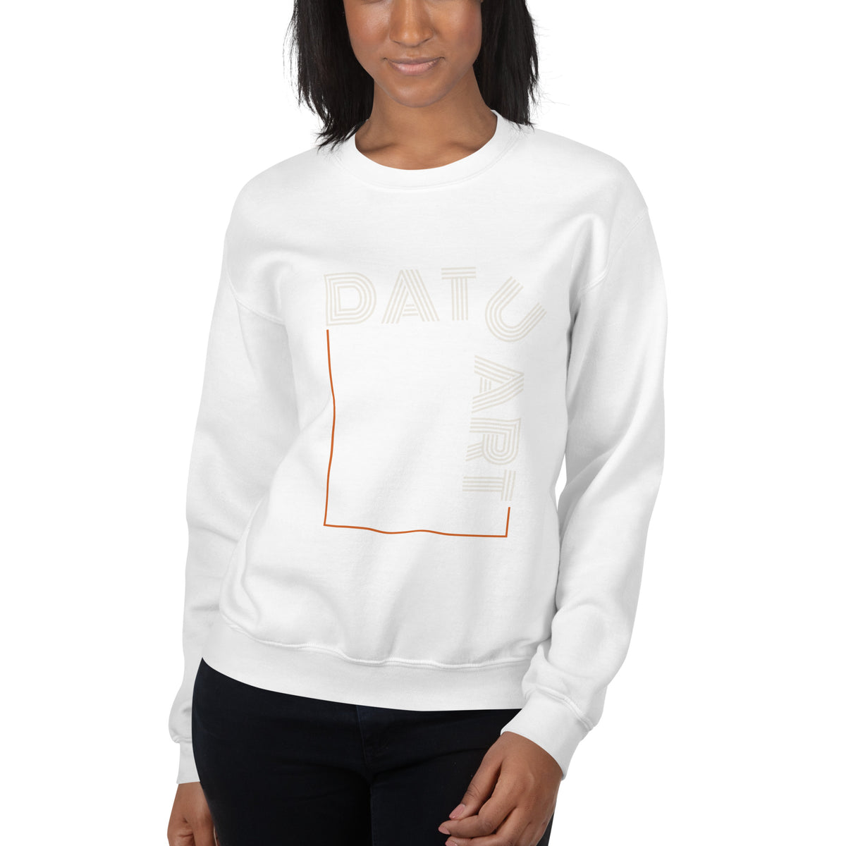 DATU Art Frame Sweatshirt — White worn by a model, front view #color_white