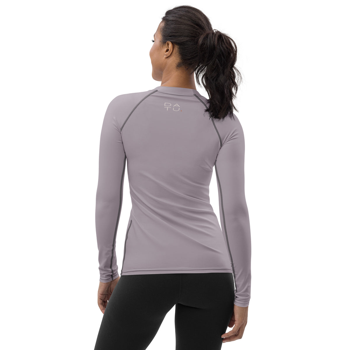DATU Women’s Balance Rash Guard — Mauve worn by a model, back view