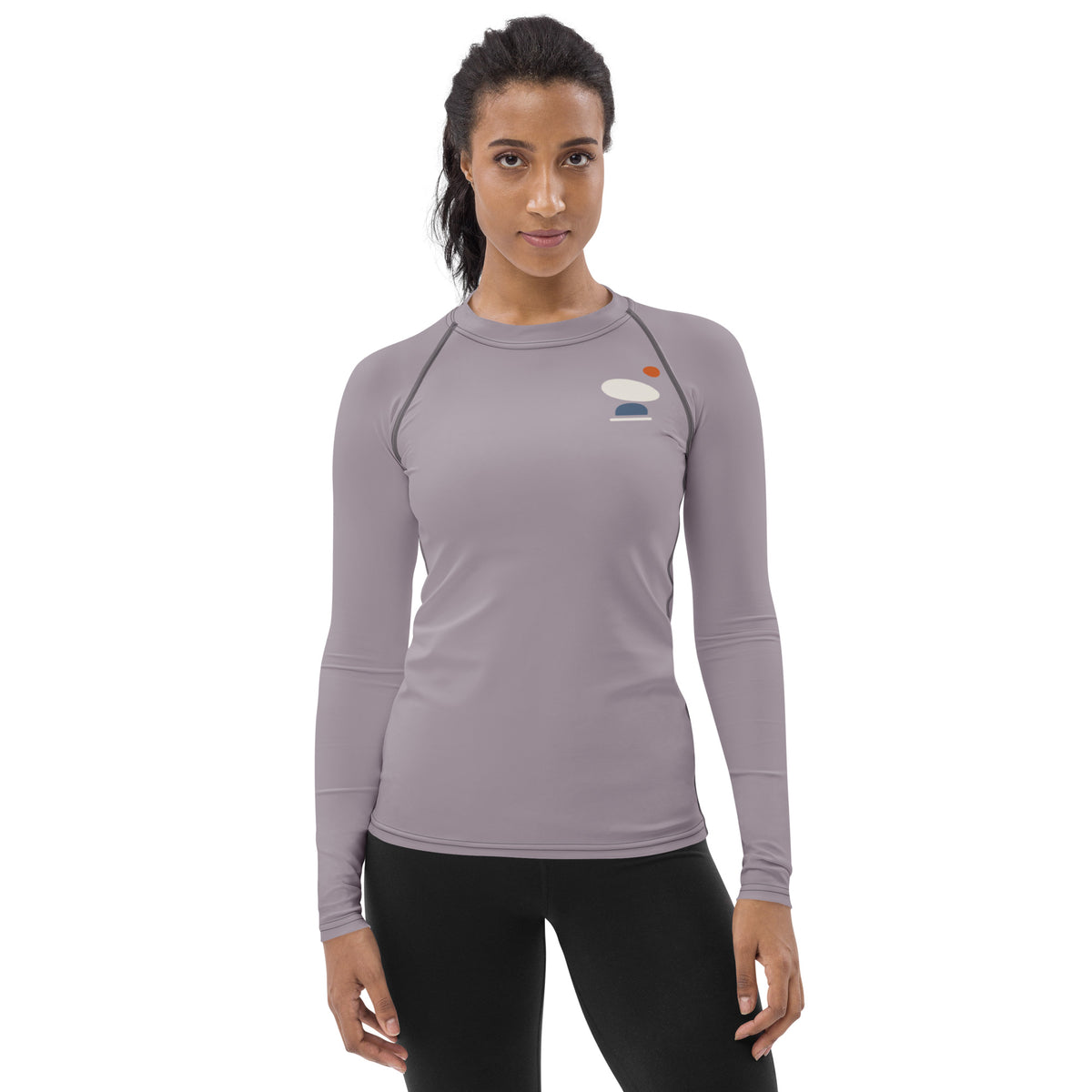 DATU Women’s Balance Rash Guard — Mauve worn by a model, front view