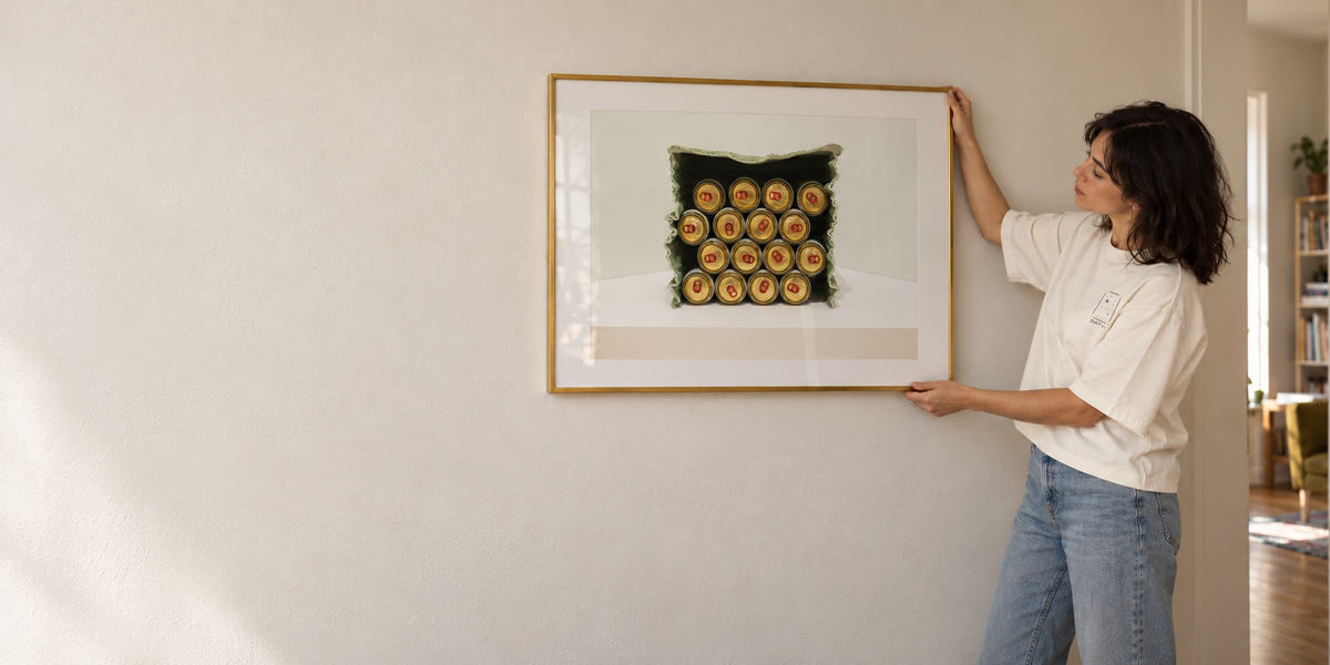 A woman in a cream DATU Studio Tee positioning the framed 00_19 cans photograph.