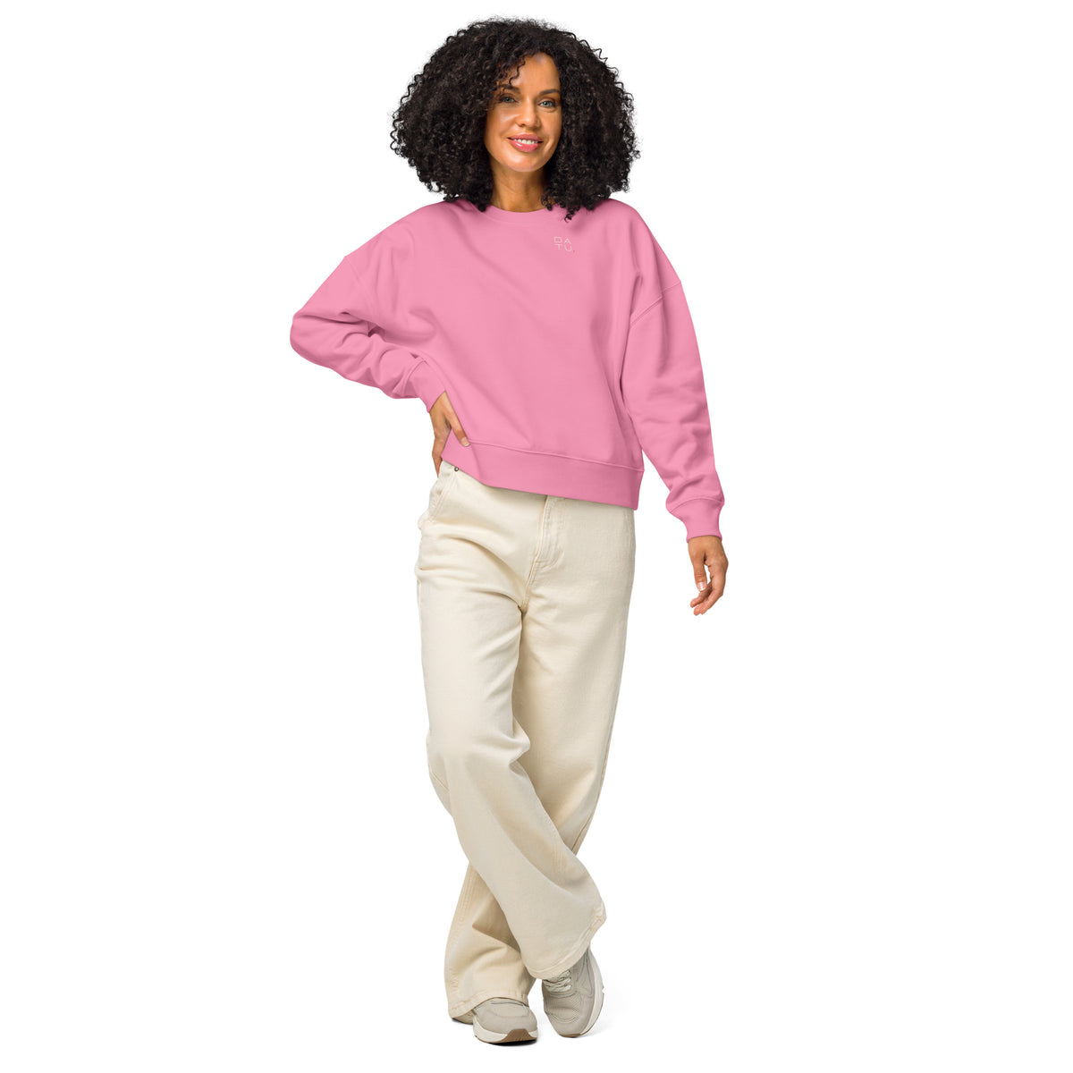 DATU Women’s Palm House Organic Crewneck — Bubble Pink worn by a model, front view #color_bubble pink