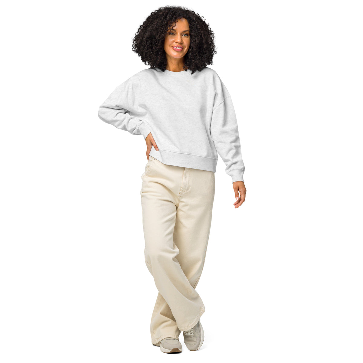DATU Women’s Palm House Organic Crewneck — Cool Heather Grey worn by a model, front view #color_cool heather grey