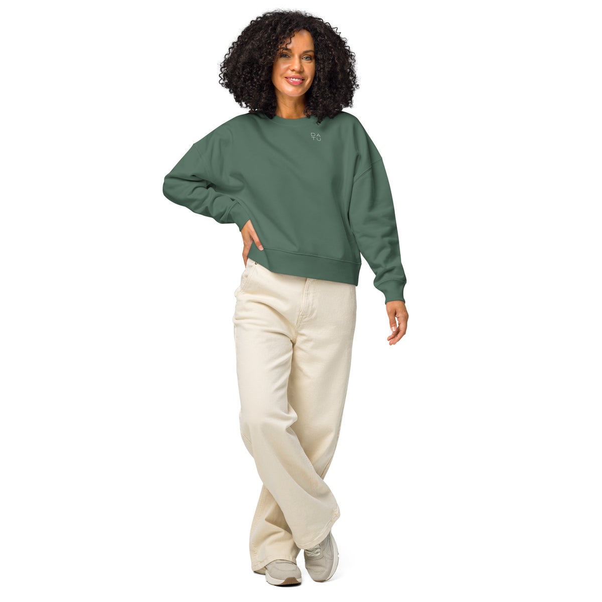 DATU Women’s Palm House Organic Crewneck — Green Bay worn by a model, front view #color_green bay
