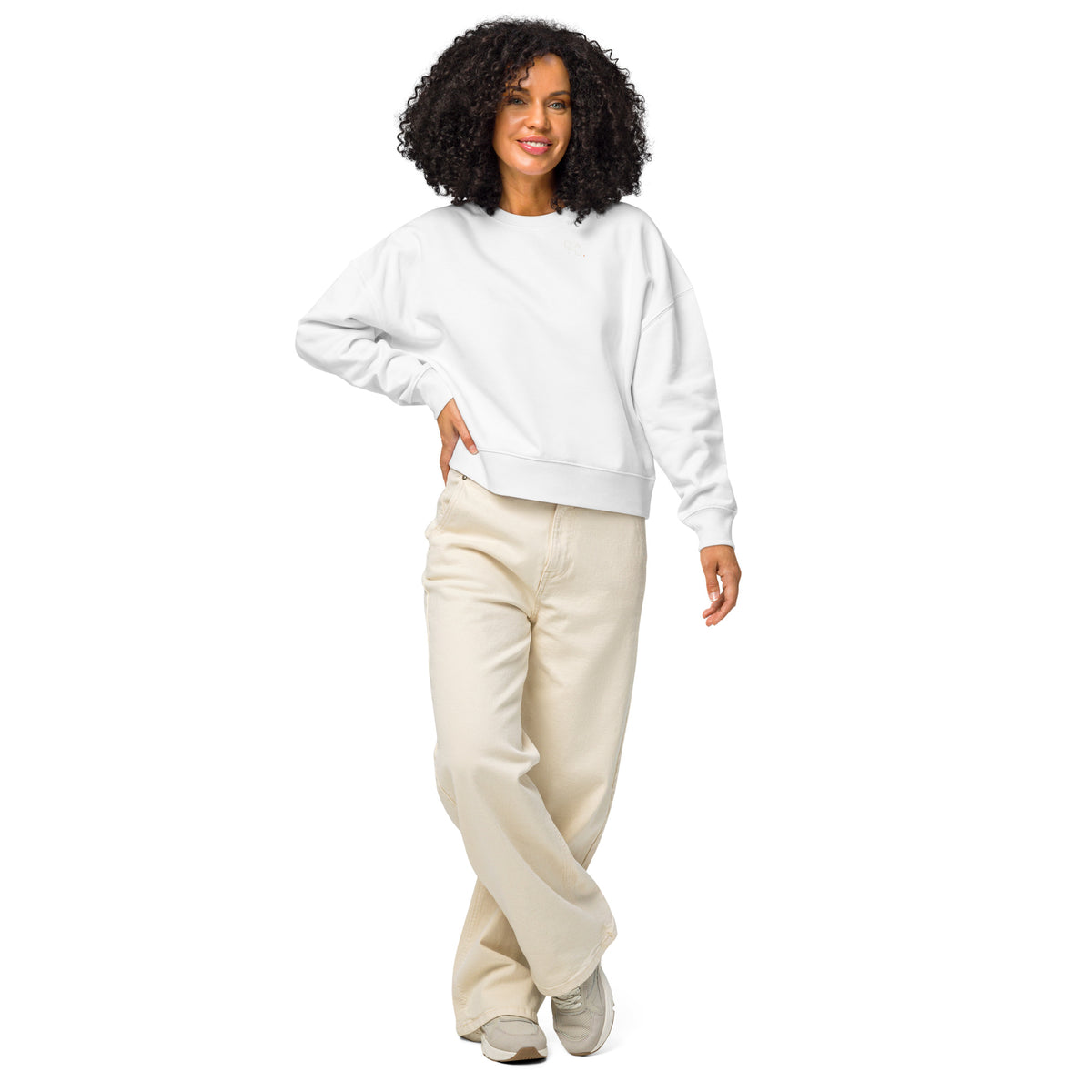 DATU Women’s Palm House Organic Crewneck — White worn by a model, front view #color_white