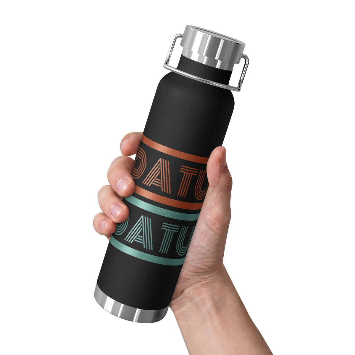 DATU Spectrum Insulated Bottle — Black held in hand, front view #color_black