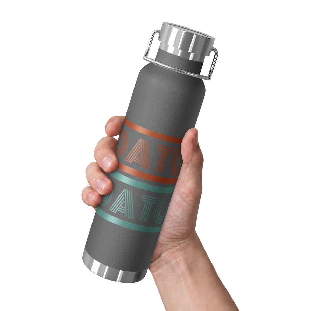 DATU Spectrum Insulated Bottle — Grey held in hand, front view #color_grey