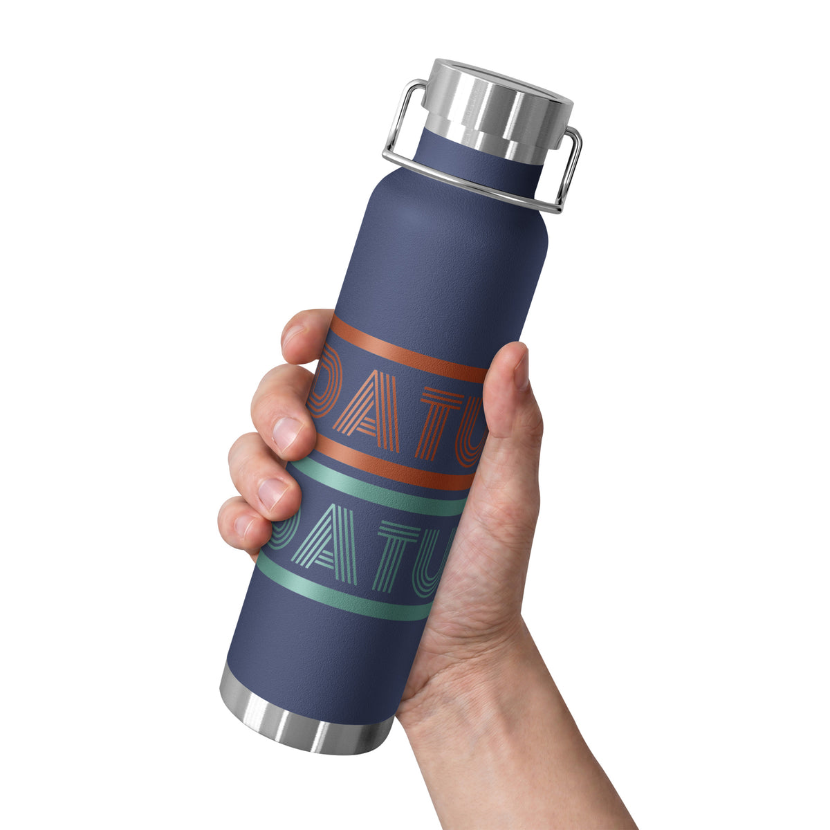 DATU Spectrum Insulated Bottle — Navy held in hand, front view #color_navy