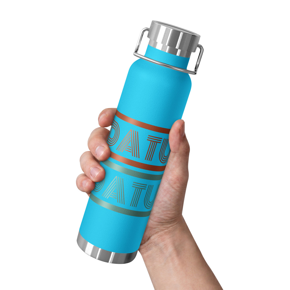 DATU Spectrum Insulated Bottle — Pebble Blue held in hand, front view #color_pebble blue