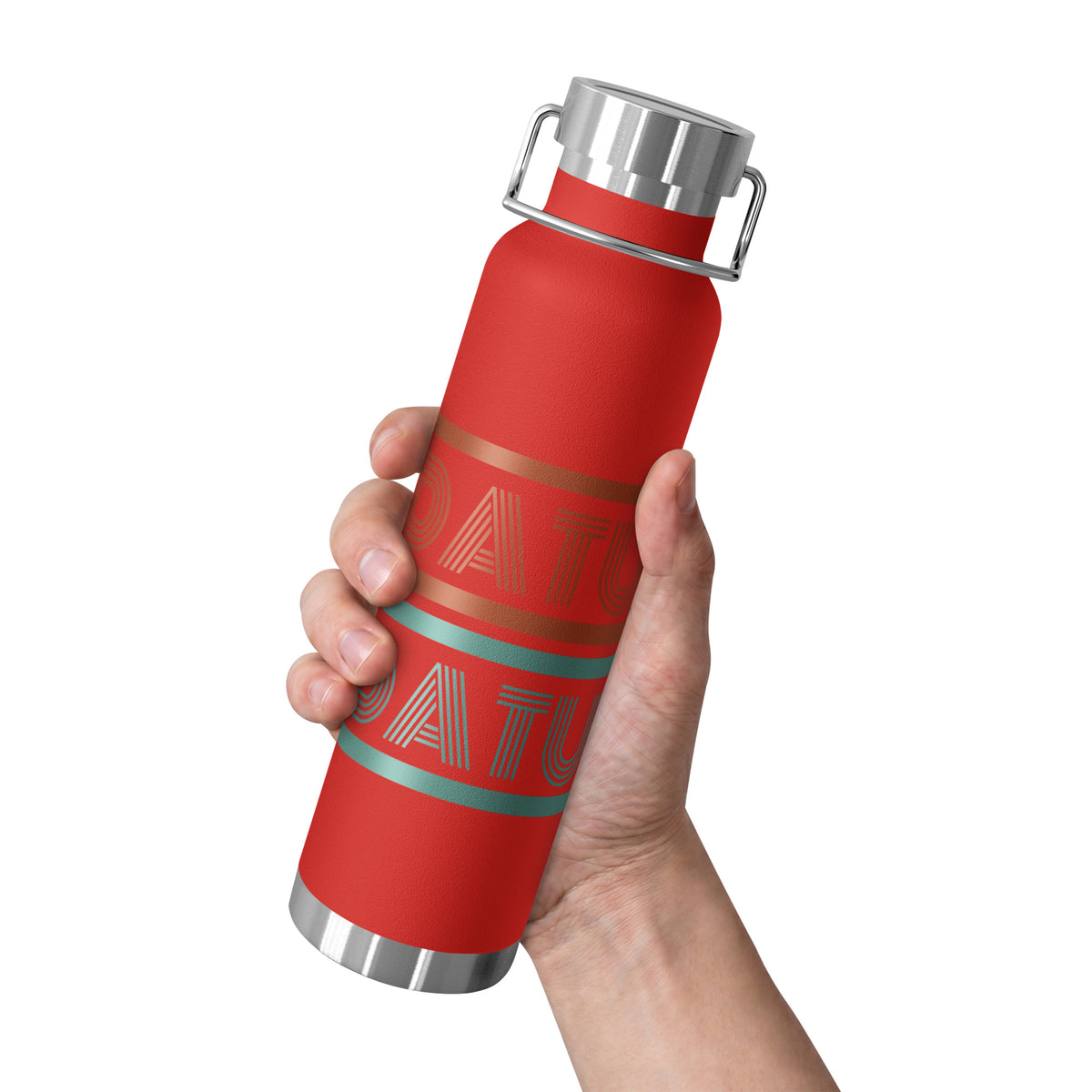 DATU Spectrum Insulated Bottle — Red held in hand, front view #color_red