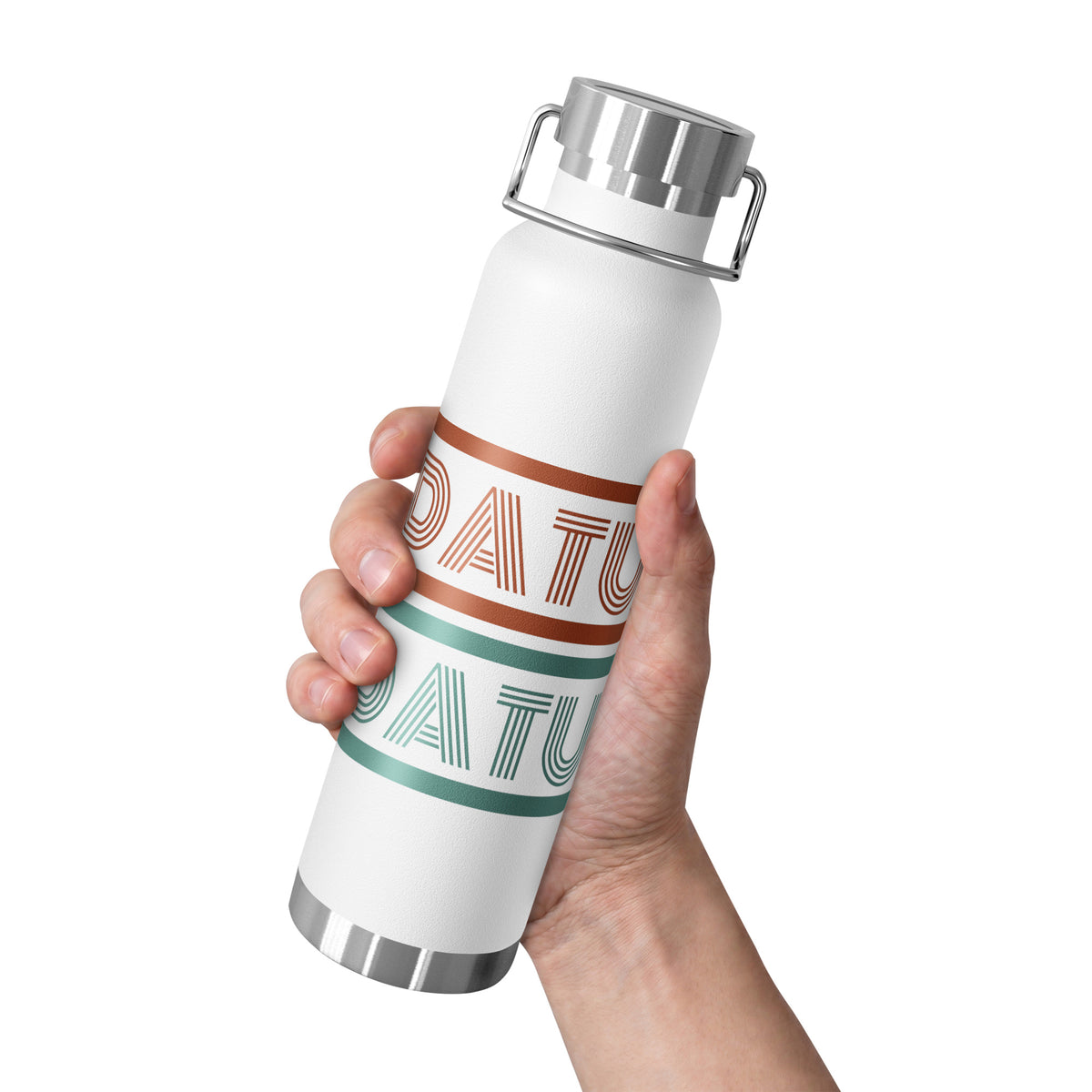 DATU Spectrum Insulated Bottle — White held in hand, front view #color_white