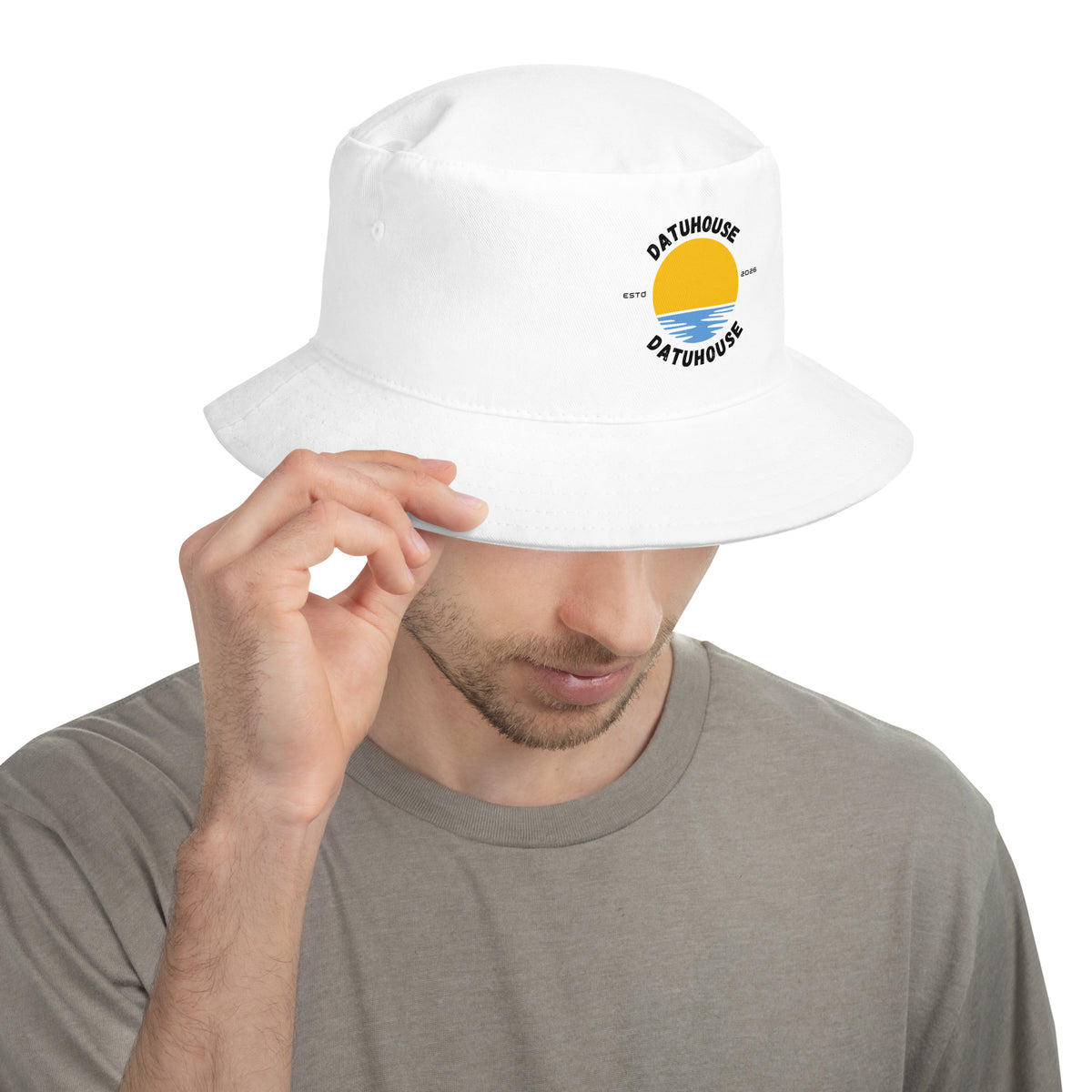 DATU Sunrise Bucket Hat — White worn by a model, front view #color_white